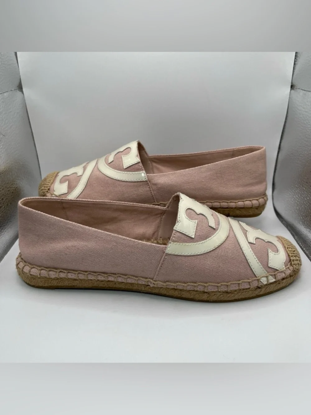 Tory Burch Ines Espadrille Poppy Pink Canvas Patent Leather Logo Flats Womens 7M
